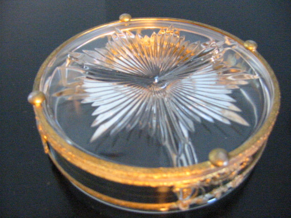 Brass Serving Relish Dish Divided Glass Insert Tray Ormolu Footed Floral Finial - Designer Unique Finds 
 - 6