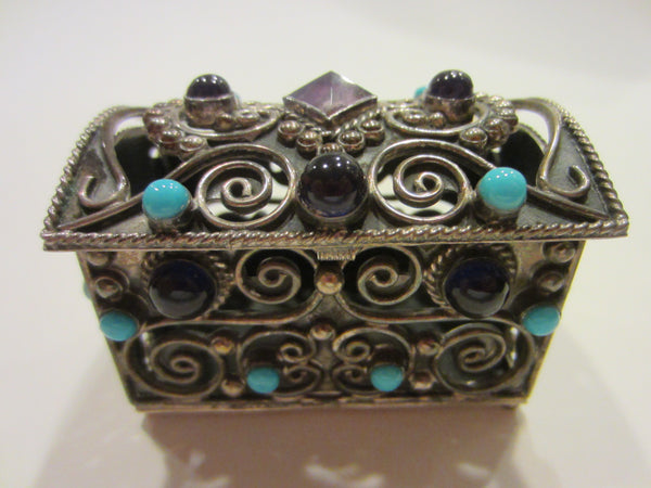 Sterling Miniature Chest Raised Highlighted Scrolled Turquoise Stones - Designer Unique Finds 
 - 2
