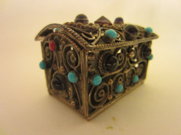Sterling Miniature Chest Raised Highlighted Scrolled Turquoise Stones - Designer Unique Finds 
 - 5