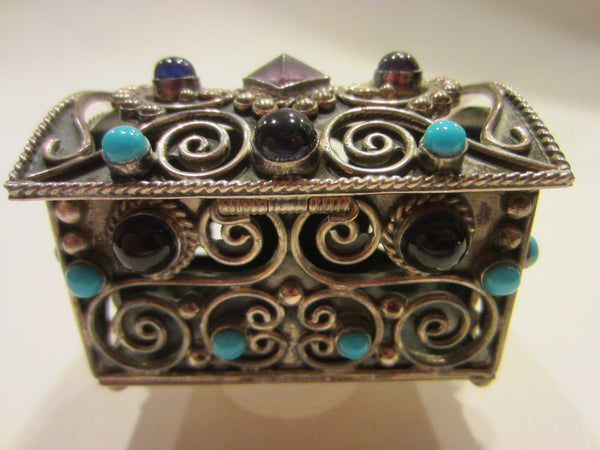 Sterling Miniature Chest Raised Highlighted Scrolled Turquoise Stones - Designer Unique Finds 
 - 4