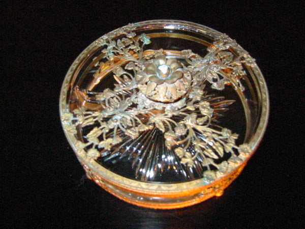 Brass Serving Relish Dish Divided Glass Insert Tray Ormolu Footed Floral Finial - Designer Unique Finds 
 - 2