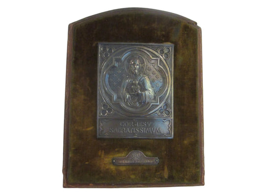Italian Silver On Velvet Sacred Heart Multi Layered Textile Plaque Circa 1914 - Designer Unique Finds 
