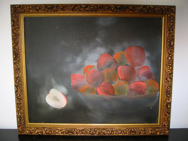 Still Life Red Apples In Fruit Bowl Folk Art Oil On Canvas