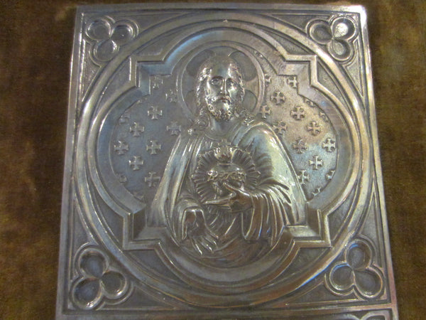 Silver Religious Icon Plaque Circa 1914 Mount Leather Velvet - Designer Unique Finds 