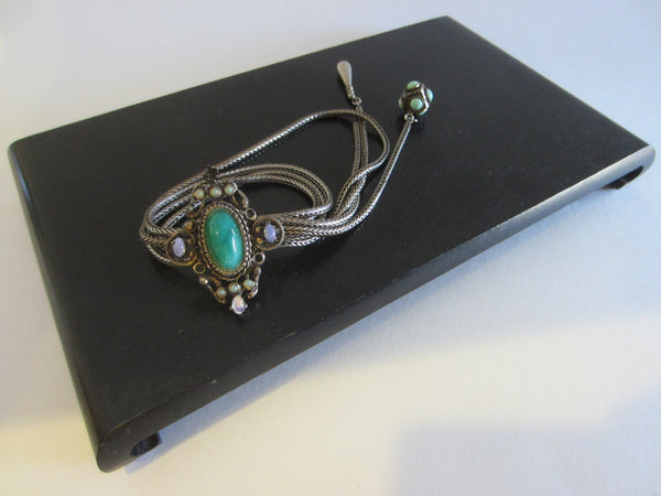 Victorian Book Piece Green Cabochon Precious Gems Charm Bracelet