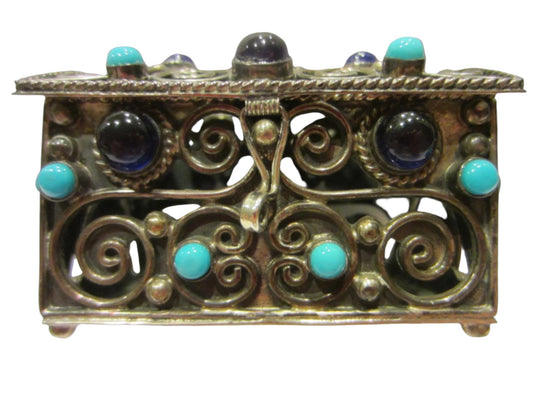 Sterling Miniature Chest Raised Highlighted Scrolled Turquoise Stones - Designer Unique Finds 
 - 1