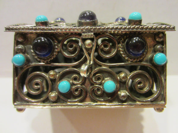 Sterling Miniature Chest Raised Highlighted Scrolled Turquoise Stones - Designer Unique Finds 
 - 1