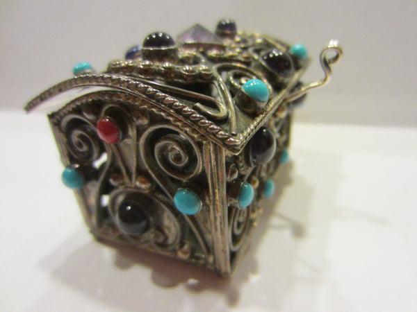 Sterling Miniature Chest Raised Highlighted Scrolled Turquoise Stones - Designer Unique Finds 
 - 7