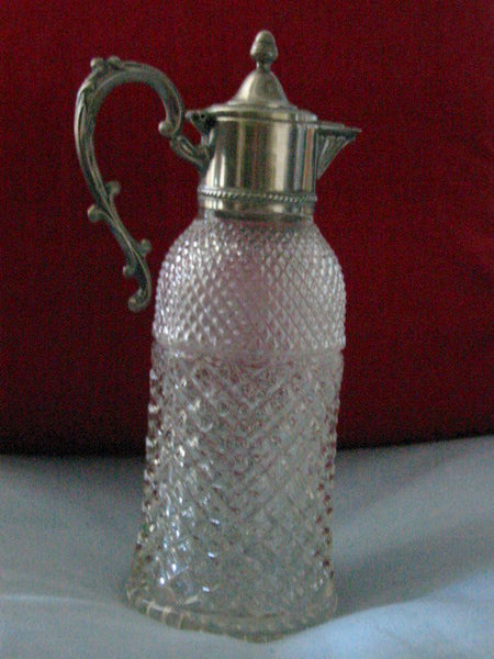 Silver Plated Diamond Cut Glass Water Pitcher Apothecary Decanter - Designer Unique Finds 