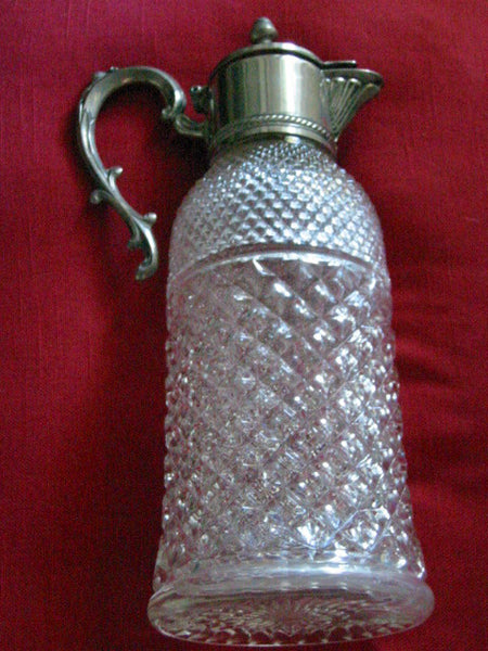 Silver Plated Diamond Cut Glass Water Pitcher Apothecary Decanter - Designer Unique Finds 