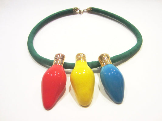 Mid Century Modern Ceramic Bulbs Folk Art Textile Chain Necklace