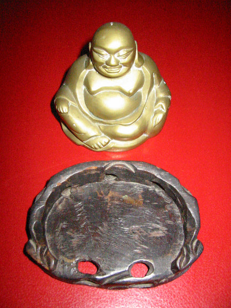 Brass Buddha On Carved Mahogany Stand - Designer Unique Finds 