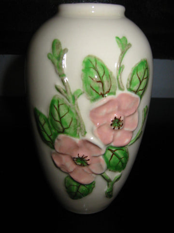 Hull Pottery Rosella Flower Vase Pink Rose Green Stem Design - Designer Unique Finds 