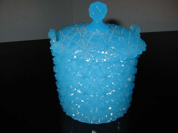 Depression Glass Snow Flake Design Blue Turquoise Covered Vanity Cotton Jar - Designer Unique Finds 
 - 3