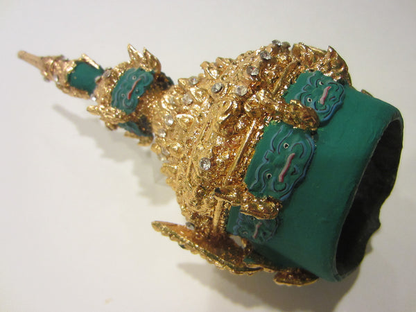 Thai Khon Paper Mache Hand Made Green Jeweled Gold Leaf Mask