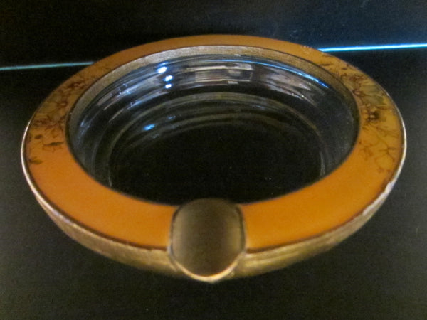Bucklers Glass Ashtray Bowl Brass Floral Enamel Design