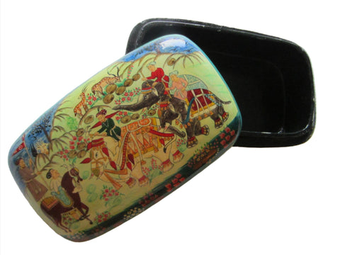 Papier Mache Lacquer Box Made in India Hand Painted Animal Floral Scene - Designer Unique Finds  - 1