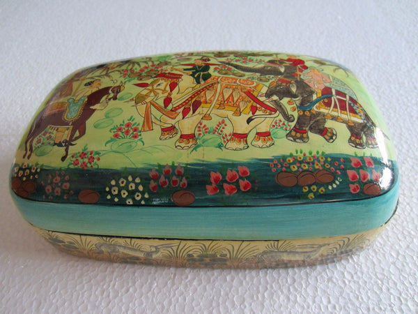 Papier Mache LacquerJewelry Box Made in India Hand Painted Animal Floral Scene - Designer Unique Finds 
 - 7