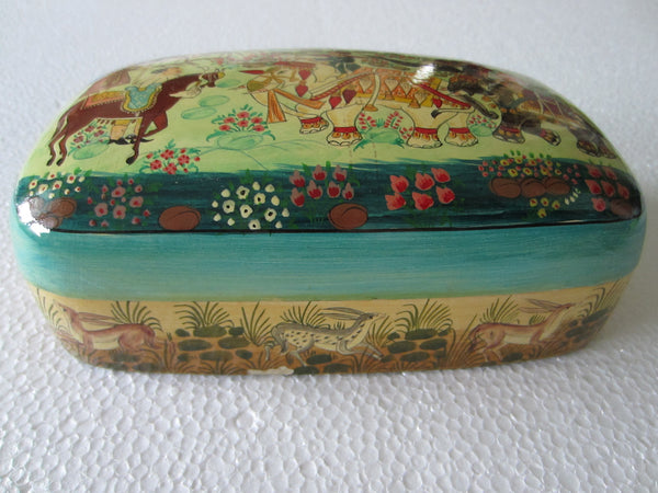 Papier Mache LacquerJewelry Box Made in India Hand Painted Animal Floral Scene - Designer Unique Finds 
 - 3