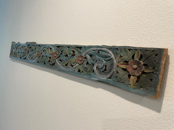 Folk Art Tribal Primitive Hand Painted Floral Carving Panel