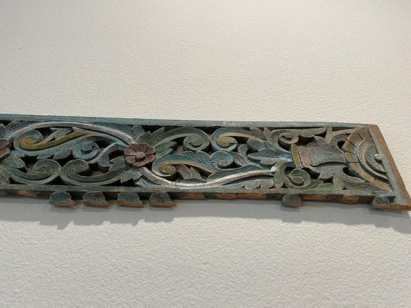 Folk Art Tribal Primitive Hand Painted Floral Carving Panel
