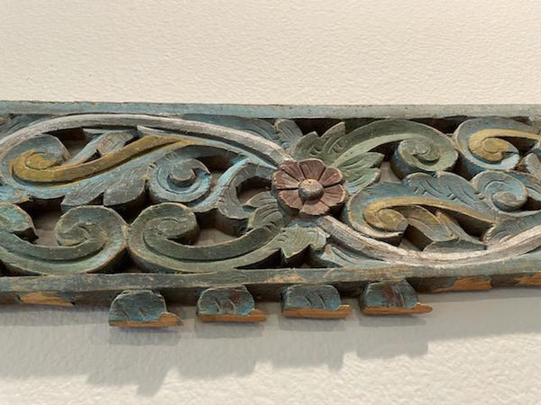 Folk Art Tribal Primitive Hand Painted Floral Carving Panel