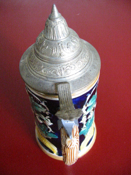 Germany Luster Figurative Majolica Pottery Beer Stein Pewter Lid Marked DBGM - Designer Unique Finds 