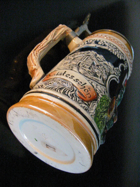 Germany Luster Figurative Majolica Pottery Beer Stein Pewter Lid Marked DBGM - Designer Unique Finds 