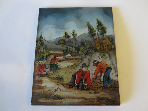 Impressionist Reverse Glass Signature Painting Gilt Decorated Outdoor People