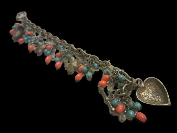 White Metal Charm Bracelet Romantic Hearts Flowers Turquoise Coral Beads