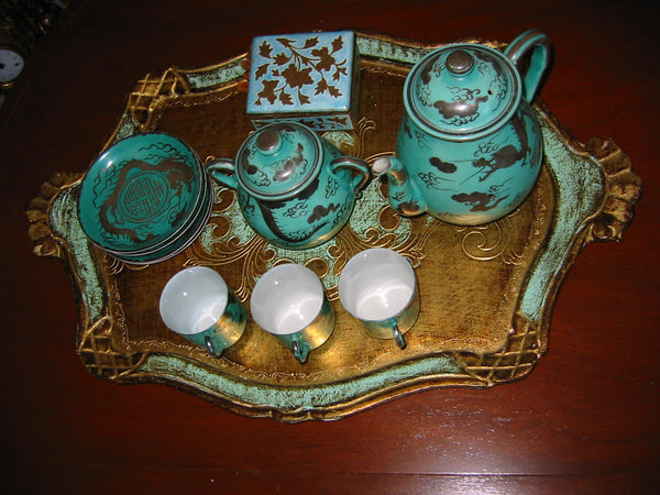 Antique Asian Silver Dragon Turquoise Brief Tea Service