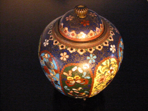 Cloisonne Covered Jar Domed Lid Butterfly Floral Enamel Medallions