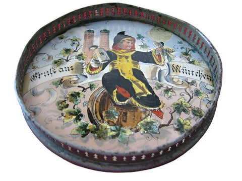 Medieval Stone Ground Metal Tray Hand Decorated Figurative Marked Germany - Designer Unique Finds 