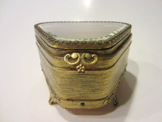 Art Deco Jewelry Box Ormolu Footed Beveled Glass Floral Flap