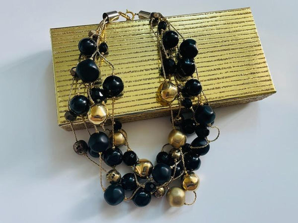 Dabby Reid Black Gold Beaded Strands Designer Necklace Tag Marked