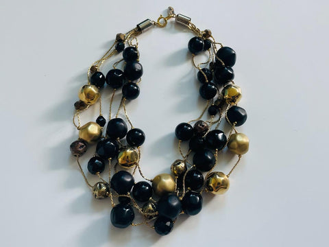 Dabby Reid Black Gold Beaded Strands Designer Necklace Tag Marked
