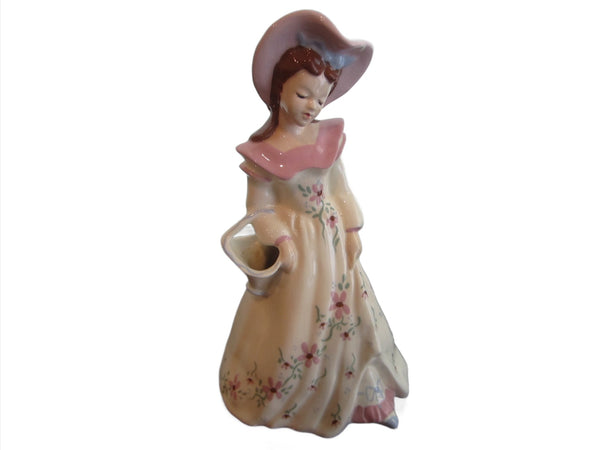 Florence Girl Wears Pink Hat Holding Flower Basket Signed Ceramic Figure 