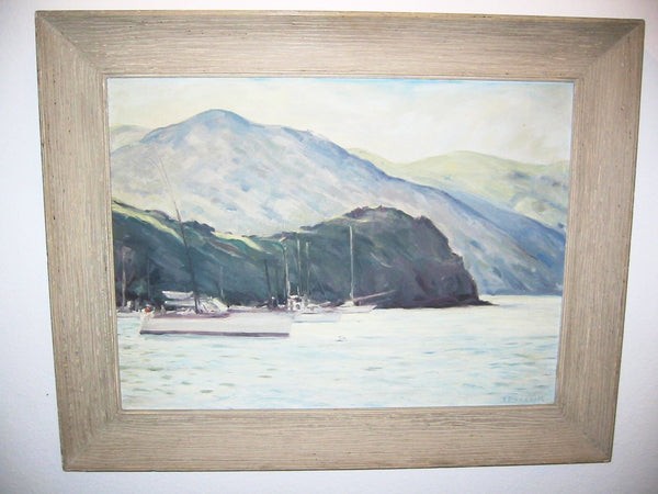 Coastal Scene Oil On Canvas Signed T Paddock Oceanic Mountain View - Designer Unique Finds 