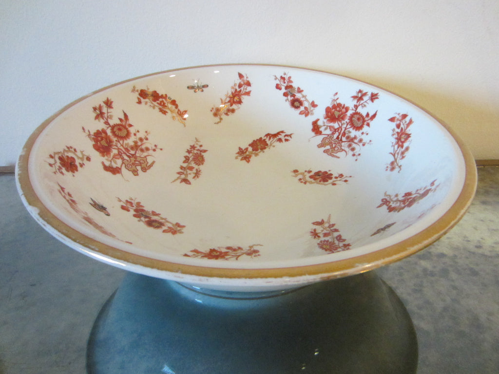Asian Porcelain Fruit Bowl Hand Decorated Rustic Orange Gold Flowers Butterflies