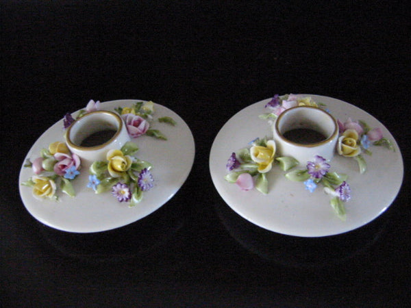 Capo Di Monte Italian Porcelain Candle Holders Applied Raised Flowers