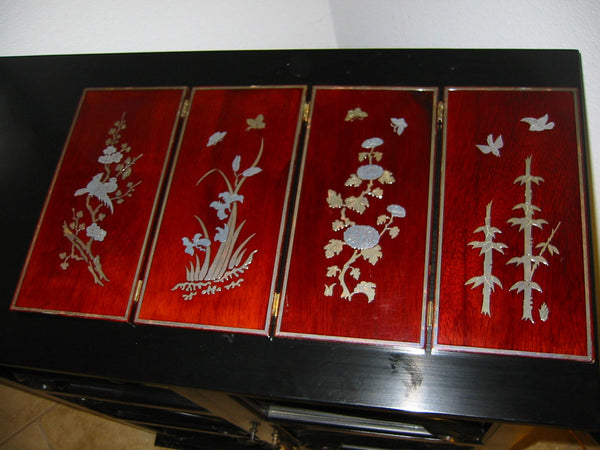Asian Four Panel Table Screen Highlighted Lacquered Silver Birds Flowers - Designer Unique Finds 
 - 3