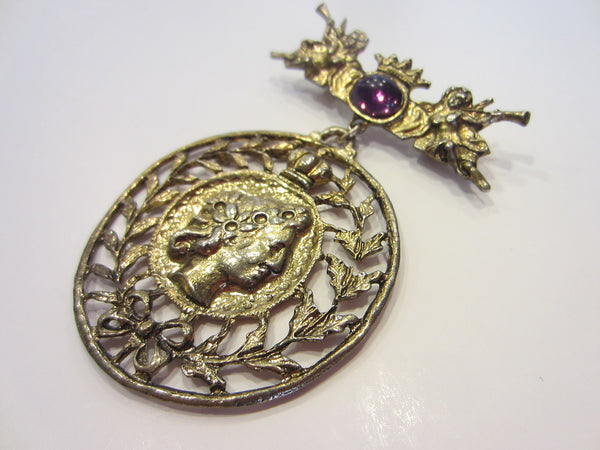 Victorian Style Heraldic Cupids Brooch Lavender Cabochon