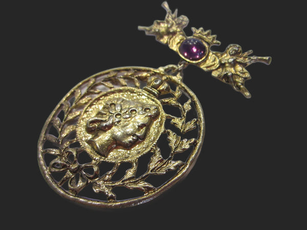 Victorian Style Heraldic Cupids Brooch Lavender Cabochon - Designer Unique Finds 