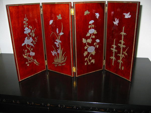 Asian Four Panel Table Screen Highlighted Lacquered Silver Birds Flowers - Designer Unique Finds 
 - 2