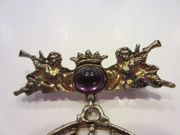 Victorian Style Heraldic Cupids Brooch Lavender Cabochon - Designer Unique Finds 