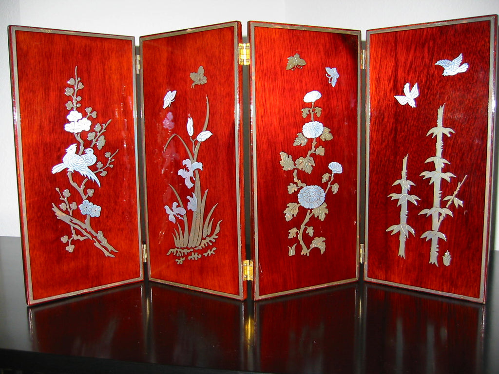Asian Four Panel Table Screen Highlighted Lacquered Silver Birds Flowers - Designer Unique Finds 
 - 1