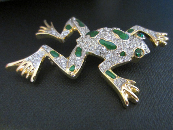 Green Frog Golden Brooch Swarovsky Crystals Enameling - Designer Unique Finds 