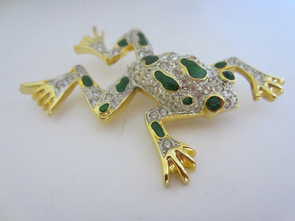 Green Frog Enameled Swarovsky Crystals Brooch