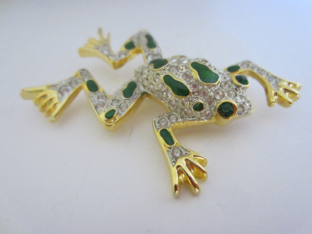 Green Frog Golden Brooch Swarovsky Crystals Enameling - Designer Unique Finds 