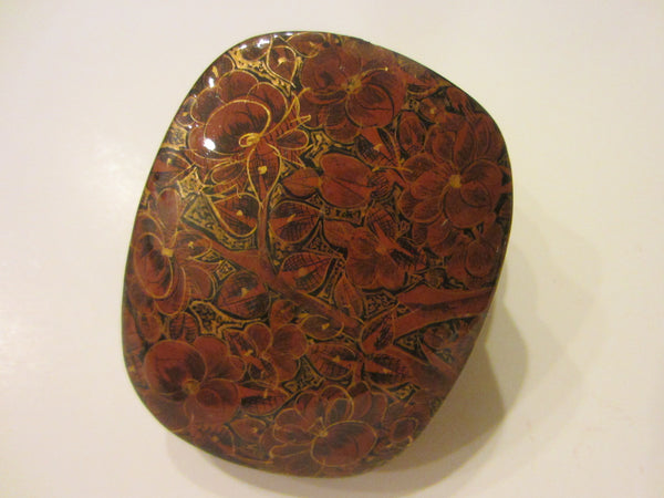 Hand Made India Lacquer Jewelry Box Floral Gold Decorated - Designer Unique Finds 